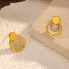 Brincos Transfronteiriços de Aço Titânio Dourado com Diamantes, Estilo de Luxo Leve Europeu e Americano de Alta Qualidade, Brincos Redondos de Aço Inoxidável que Não Desbotam, Brincos Femininos