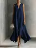 Site Independente de Moda Feminina Europeia e Americana 2026 Amazon Decote V Sem Mangas Cor Sólida Bainha Irregular Vestido Longo