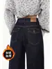 Jeans de Mezclilla Azul Oscuro para Mujer Pierna Ancha Sueltos 2025 Nuevo Otoño e Invierno Terciopelo Cintura Alta Pantalones de Pierna Recta