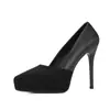 129-3 Temperamento Sexy Interior À Prova D'água Plataforma Salto Alto Baixo Feminino Camurça Preta Bico Fino Salto Fino Sapatos Não Cansativos