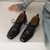 Zapatos de mujer de cuero poco profundos con tacón grueso de piel de oveja de capa superior, nuevo modelo de otoño, piel genuina por dentro y por fuera, zapatos de cordones de punta cuadrada y tacón alto
