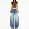 Jeans feminino de Yichun, estilo retrô chic despojado transfronteiriço, com estampa de pata de gato, perna larga, solto, modelador, comprimento total, barra curva