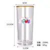 Taza de Vidrio Personalizada por el Fabricante con Parche Metálico y Letras Arcoíris, Taza de Agua Decorativa Metálica 3D con Borde Dorado, Vaso para Jugo