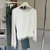 Camiseta Base de Patchwork de Encaje~ Suéter de Estilo Suave para Principios de Primavera con Camiseta de Manga Larga Recta Elástica Adelgazante para Mujer