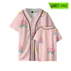 Camiseta de manga corta holgada con cuello en V y estampado digital 3D de corazón de melocotón rosa, uniforme de béisbol fino de marca de moda con estampado a color