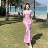 Nuevo Vestido Largo Rosa Estampado sin Tirantes Estilo Francés para Vacaciones Adelgazante Sexy Traje de Baño de Dos Piezas para Manantial Termal de Alta Gama para Mujeres