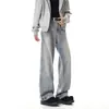 Jeans Retro Americano Desgastado de Corte Diagonal con Dobladillo Curvo para Hombre, Versátiles de Primavera, Holgados, Rectos, con Cordón, Caídos, de Pierna Ancha