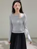 Camiseta elegante de manga longa com vazados 260g Eco-Silk para mulheres, nova tendência outono e inverno 2026, top slim fit