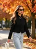Nueva chaqueta corta abotonada de estilo chino con cuello mao para mujer, estilo corte vintage con charreteras y ribete de encaje, abrigo corto negro