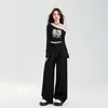 Estilo Holgado y Casual, Diseño Versátil de Cintura Alta, Pantalones de Pierna Ancha Fluidos de Largo Hasta el Suelo, Pantalones Largos Negros, Largo Extendido Negro, Yichun
