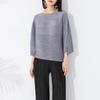 Sentido del Diseño Plisado Ropa de Mujer Francés Color Sólido Suelto Elegante Cuello Redondo Mangas Murciélago Versátil Elegante Top de Manga Siete Octavos