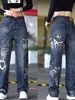 Calça Jeans Personalizada Pintada à Mão com Grafite para Homens, Design Estiloso e Único, Calça Reta de Nicho, Estilo High Street Americano, Calça Longa Solta de Perna Larga