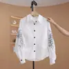 Camisa impresa de trabajo pesado transfronteriza europea y americana de Amazon para mujer, camisa blanca de manga larga, top de primavera y otoño que ciñe la cintura y disimula el abdomen