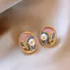 Pendientes de Esmalte y Perla Estilo Retro Monet Garden de Lujo Ligero y Alta Gama para Mujer Únicos Nuevos 2025 Venta al por Mayor Dropshipping