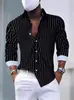 Camisa para Hombre 2026 Comercio Exterior Europeo y Americano Ropa para Hombre Transfronteriza Otoño Invierno Camisa de Punto Rayada para Hombre Cuello de Solapa Manga Larga Juvenil Rayada