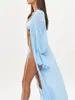 Cobertura de praia longa azul céu claro de chiffon transparente com mangas compridas estilo resort cardigã longo