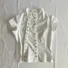 Camiseta Informal de Manga Corta de Color Sólido con Diseño de Doble Botonadura Estilo Japonés para Verano, Cuello Medio Alto, Corte Ajustado