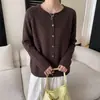 Novo Cardigã Feminino de Malha Fina com Gola Redonda, Manga Longa, Peça Única Sem Costura, Tom Cinza, Lã Merino 100%, para Outono