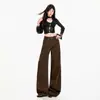 Calça jeans transfronteiriça feminina perna larga estilo retrô americano pernas de calça de camada dupla caimento cor marrom café calça comprida cor marrom café estendida Yi Chun