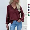 Yiyi Primavera y Otoño Popular Camisa de Manga Larga con Retazos de Encaje Pulóver Cuello en V Camisa Calada Ropa para Mujer Transfronteriza de Amazon