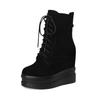 Botas Curtas com Cadarço e Aumento de Altura Oculto, Couro Genuíno, Novos Sapatos Femininos Outono e Inverno, Botas Femininas com Cadarço e Bico Redondo, Botas Martin de Moda