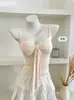 418 # Camisola de alta desejabilidade para mulheres, estilo 'hot girl', com laço, busto franzido para realçar e pedrarias, com bojos