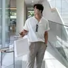 Camiseta Delgada de Verano para Hombre de Manga Corta Holgada Estilo Perezoso Cárdigan de Punto Estilo Hong Kong Estilo Japonés Ins Camiseta Casual