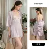 Precioso conjunto de satén sedoso con encaje y copas en el busto, escote en V profundo, camisola de dormir seductora y bata, conjunto de ropa de estar para mujer 5826