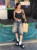 Shorts Jeans Estilo Americano Retro Salpicos Perna Reta Feminino Verão Novo Plus Size Solto Perna Larga Comprimento Médio Moderno