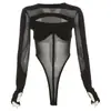 Body de Camiseta de Manga Larga para Mujer, Puro y Atractivo, con un Diseño Sexy Sutil, Transparente con Aberturas de Malla, Ajustado, Camiseta Base que Favorece la Figura