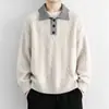 Suéter Polo Masculino de Cor Contrastante Outono Inverno Gola Revers Tricô Retrô Solto Masculino Casual Camada Base de Tricô Top