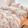 Juego de Cuatro Piezas de Algodón Puro Clase A Ropa de Cama para Dormir Desnudo Algodón Lavado con Agua Estilo Sábana Ajustable Ins Fresco Pequeño Sábana Funda de Edredón Dormitorio Juego de Tres Piezas