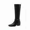 Botas largas de cuero para mujer, moldeadoras de pierna, tacón grueso, botas altas para mujeres petite, forradas de felpa, botas de montar negras de tacón alto