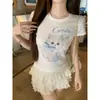 Efeito Emagrecedor Verão Estilo Coreano Desejo Puro Gola Redonda Ombro Normal Estampa de Gato Jovem Doce Canelada Emagrecedor Manga Curta Camiseta