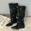 Botas longas para pernas grossas plus size bico fino salto grosso botas de moto botas de montaria femininas botas enrugadas folgadas botas de circunferência grande longas femininas