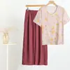 Camiseta Feminina de Algodão e Seda Calça de Algodão e Linho Verão Fresca e Rápida Floral Floral Algodão Seda Artificial Manga Curta Top Calça Cobertura