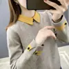 Camisa Base de Tricô com Gola Reversível Estilo Outono e Inverno para Mulheres, Suéter Solto Versátil com Gola Peter Pan, Blusa de Tricô Casual Elegante Falsa de Duas Peças