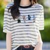 Verano Tencel Lyocell Tejido Manga Corta Mujer Cuello Redondo Rayado Bordado Holgado Media Manga Camiseta Capa Base
