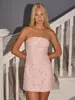 Vestido corto strapless de jacquard para mujer, minivestido strapless ajustado con parte inferior de malla y vestido strapless floral tridimensional