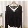 Jersey de Punto de Manga Larga con Cuello en V y Combinación de Colores Estilo Coreano, Falso Dos Piezas, Cordón Lateral, Ropa de Primavera y Otoño para Mujer, Blusa Holgada, Suéter
