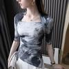 Camisa de Malla de Manga Media con Estampado de Tinta, Mitad Superior, Primavera y Verano, Nuevo Diseño, Cintura