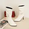 Nuevas 2026 Stiletto Stiletto Estilo Coreano Slip-on Tacones Altos Fruncido Arrugado Botas Versátiles de Moda Temperamento Botas de Media Pantorrilla Otoño Invierno