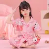 Pijama para Niños, Pantalones Cortos de Manga Corta de Verano para Niñas, Cárdigans con Cuello de Solapa de Dibujos Animados para Niñas Pequeñas, Ropa Delgada para Aire Acondicionado, Ropa para Casa, Moderno