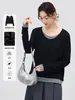 Top de manga larga falso dos piezas con cuello en U para mujer, empalme de bloques de color, hombro caído holgado, elástico, casual, corto, capa base