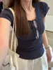 Azul Leite Gola U Canelado Slim Fit Ombro Direito Manga Curta Feminino Verão Camada Interna Simples Top Estilo Puro Lust Versátil Camiseta