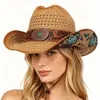 Sombrero de Paja Hueco para Exteriores de Comercio Exterior Europeo y Americano, Sombrero de Vaquero Occidental, Sombrero Turquesa con Estilo Étnico, Sombrero Retro Jazz