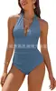 Aliexpress Amazon Popular Transfronterizo Europeo y Americano Multicolor Cuello en V Cubre Piel Espalda Fruncida Aspecto Adelgazante Traje de Baño de Una Pieza para Mujer