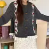 Cardigã de malha casual estilo coreano com babados para outono/inverno de 2026 para mulheres com botões de chifre e jaqueta suéter com padrão de diamante