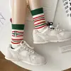 Meias Altas de Algodão Color Block Listradas Estilo Japonês Meias de Urso Fofas Versáteis Redutoras de Idade Primavera Outono Inverno Meias de Cano Alto Amassadas