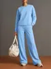 Conjunto de punto para mujer europeo y americano transfronterizo con cuello redondo, hombros caídos, manga larga y pantalones de pierna ancha de cintura alta, ajuste holgado, para ir al trabajo y estar en casa